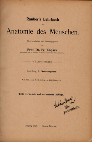 Prof. Dr. Fr. Kopsch - Rauber-Kopsch Lehrbuch der Anatomie-Anatomie des Menschen