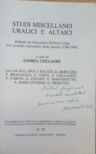Andrea Csillaghy - Studi miscellanei uralici e altaici (Urli s altaji tanulmnyok) (dediklt)