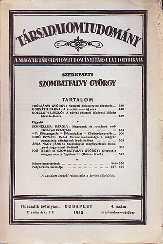 Szombatfalvy Gyrgy  (szerk) - Trsadalomtudomny - 1940. Huszadik vfolyam 4. szm (szeptember-oktber)