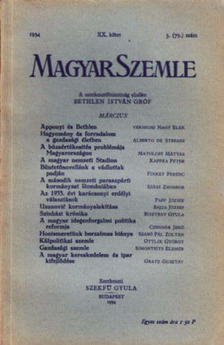 Bethlen Istvn grf - Magyar Szemle 1934. mrcius XX. ktet 3. (79.) szm