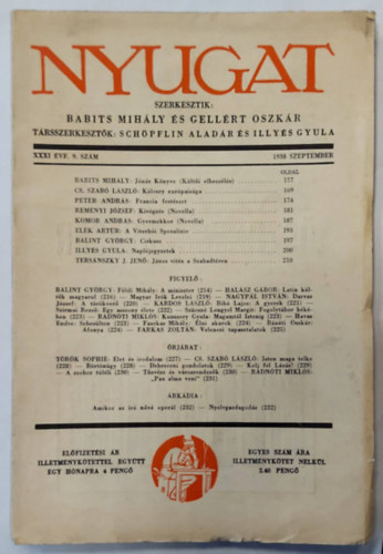 Gellrt Oszkr szerk., Schpflin Aladr  Babits Mihly szerk. (szerk.), Illys Gyula (szerk.) - Nyugat XXXI. vf. 9. sz. (1938 szemptember)