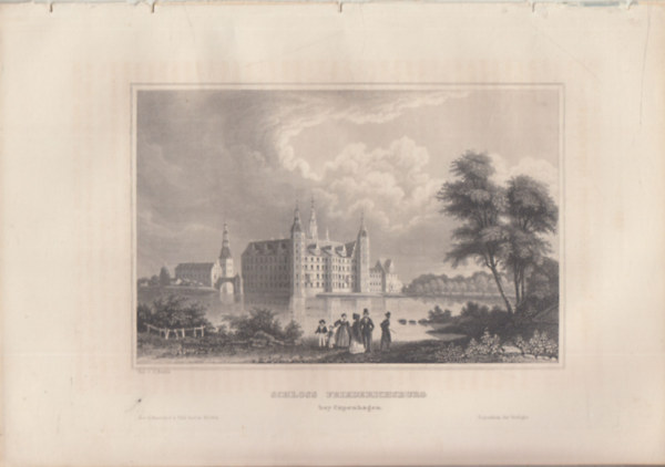 Schloss Friederichsburg bey Copenhagen (A Frederiksborg-kastély Koppenhágában, Dánia, Európa) (16x23,5 cm lapméretű eredeti acélmetszet, 1856-ból)