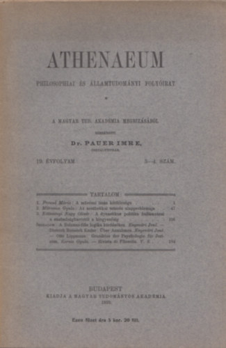 Dr. Pauer Imre szerk. - Athenaeum philosophiai s llamtudomnyi folyirat - 19. vfolyam, 3-4. szm