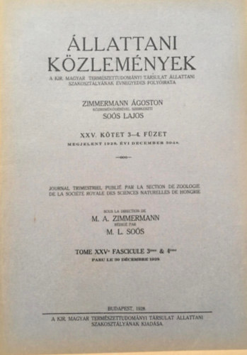Soós Lajos Zimmermann Ágoston (szerk.) - Állattani közlemények XXV. kötet 3-4. füzet