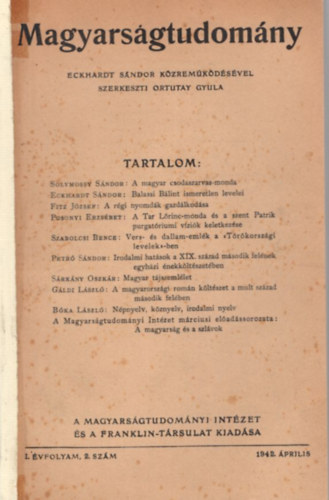 Ortutay Gyula szerk. - Magyars�gtudom�ny I. �vf. 2. sz�m 1942. �prilis