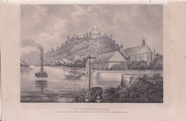 Die Befreiungshalle und die Mndung des Donau-Mayn-Canals bei Kehlheim (A Szabadsg-Csarnok s a Duna-Majna-csatorna torkolata Kehlheim mellett, Nmetorszg, Eurpa) (16x23,5 cm lapmret eredeti aclmetszet, 1856-bl)