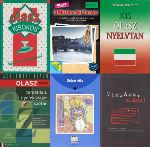 Nyerges Julianna, Nadia Rizzuti, Nagy Mária, Dominic Butler, Alessandro De Giuli Ciro Massimo Naddeo Termelné Györgyke J. Somlai Katalin (szerk.) - 6 db könyv olaszul tanulóknak: Olasz kisokos + Kis olasz nyelvtan + PONS Vigyázz, olasz! + Olasz-magyar tematikus nyelvvizsgaszótár + PONS Il Mistero del Tevere - 15 lebilincselő bűnügyi történet + Dolce Vita - 5 Livello: 2500 parole