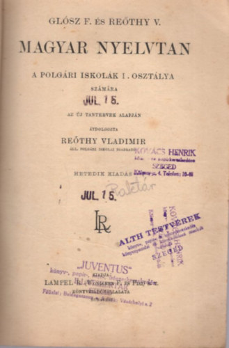 Gl�sz F. �s Re�thy V. - Magyar nyelvtan a polg�ri iskol�k I. oszt�lya sz�m�ra