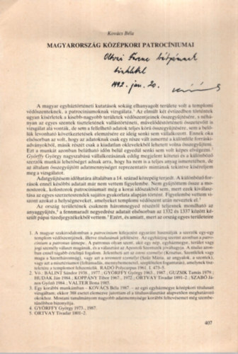 Kov�cs B�la - Magyarorsz�g k�z�pkori patroc�niumai - K�l�nlenyomat - Dedik�lt + dedik�lt lev�l