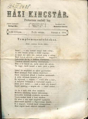 Hzi kincstr. Protestns csaldi lap. 5-dik vfolyam. 3-ik szm. Februr 4. 1864.