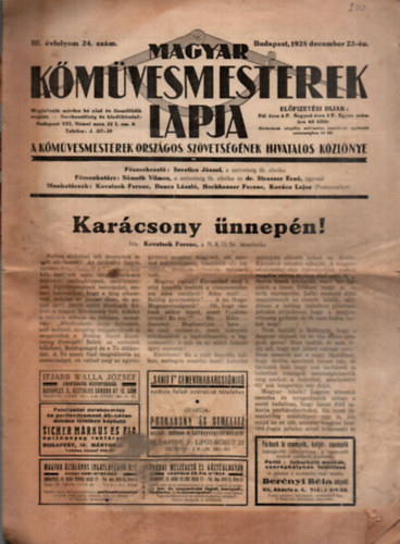Szvetics J�zsef  (f�szerk.) - Magyar k�m�vesmesterek lapja 1928. III. �vf. 24. sz�m