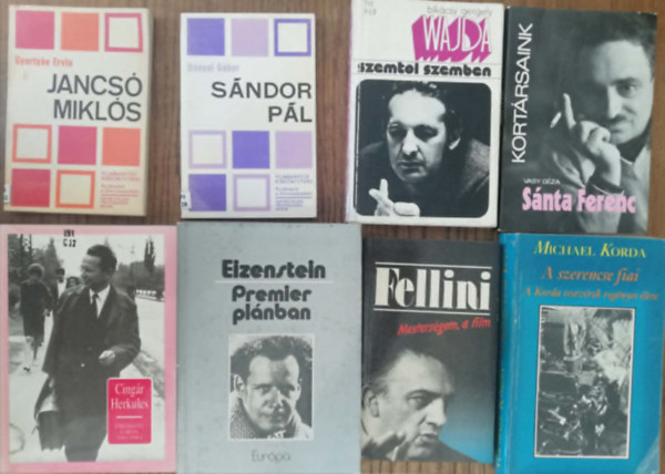 8 kötet filmes hírességek életrajzi könyveiből (Jancsó Miklós, Sándor Pál, Wajda, Sánta Ferenc, Fábián Zoltán, Eizenstein, Fellini, Michael Korda)