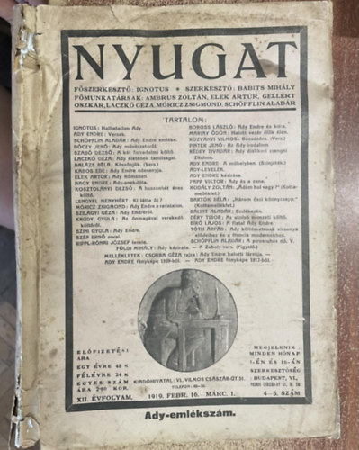Nyugat XII. �vfolyam 4-5. sz�m 1919. febr. 16.-m�rc. 1. - Ady-eml�ksz�m
