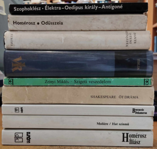 Zrnyi Mikls, Szophoklsz, Dante, Boccaccio, Molire, Shakespeare Homrosz - 9 db ktelez olvasmnyok: t drma; Hat sznm; Dekameron; Isteni sznjtk; Biblia; lektra - Oedipus kirly/Antigon; Szigeti veszedelem; dusszeia; lisz