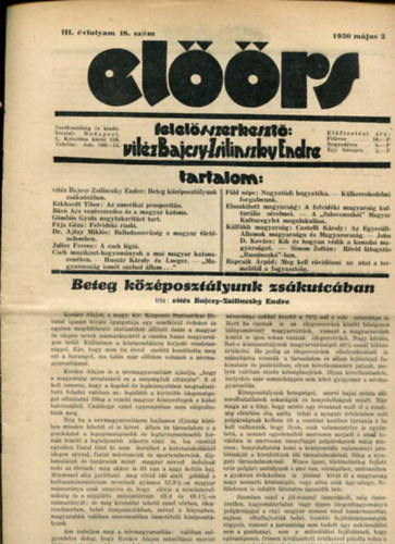 vit�z Bajcsy-Zsilinszky Endre  ( felel�s szerkeszt�) - El��rs foly�irat III. �vf. 18. sz�m. 1930. m�jus 3.