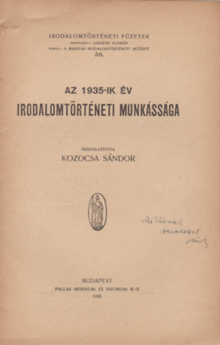 Kozocsa Sndor - Az 1935-ik v irodalomtrtneti munkssga