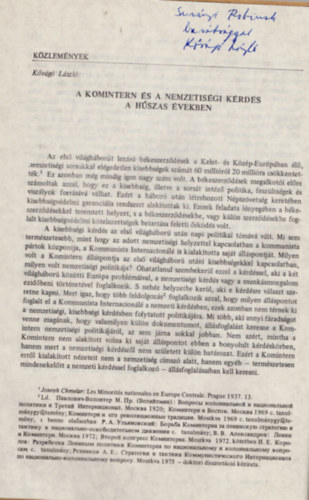 Kővágó László - A komintern és a nemzetközi kérdés a húszas években- Különlenyomat a Századok 1981. évi 4. számából- dedikált