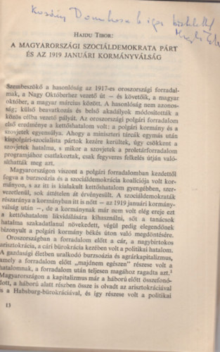 Hajdu Tibor - A magyarorszgi szocildemokrata prt s az 1919. januri kormnyvlsg - dediklt - Klnlenyomat