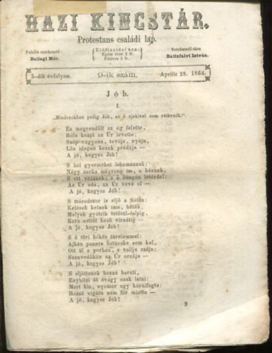 Batizfalvi Istvn, Ballagi Mr (szerk.) - Hzi kincstr. Protestns csaldi lap. 5-dik vfolyam. 9-ik szm. Aprilis 28. 1864.