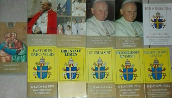 II. J�nos P�l p�pa - 10db II. J�nos P�l p�p�hoz k�thet� m� - II. J�nos P�l p�pa Irgalomban gazdag Isten kezdet� enciklop�di�ja; II. J�nos P�l p�pa apostoli buzd�t�sa a pak�pz�sr�l... stb. (le�r�sban felsorolva) + �kumenikus direkt�rium (�sszesen