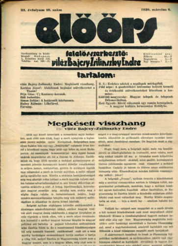 vit�z Bajcsy-Zsilinszky Endre  ( felel�s szerkeszt�) - El��rs foly�irat III. �vf. 10. sz�m. 1930. m�rcius 8.