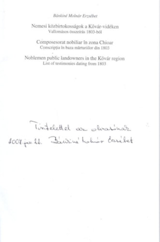 B�nkin� Moln�r Erzs�bet - Nemesi k�zbirtokoss�gok a K�v�r-vid�ken - Vallom�sos �ssze�r�s 1803-b�l - dedik�lt