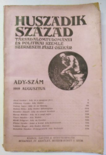 Jszi Oszkr  (szerk.) - Huszadik Szzad 1919 - Trsadalomtudomnyi s politikai szemle /  Ady-szm 1919. augusztus