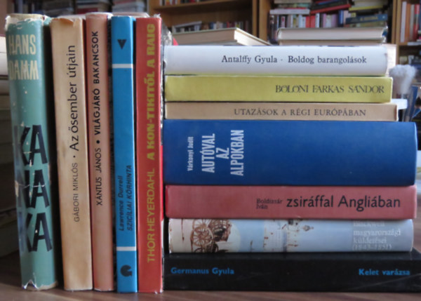 Blni Farkas Sndor, Vrkonyi Judit, Boldizsr Ivn, J. A. Blackwell, Germanus Gyula, Thor Heyerdahl, Lawrence Durrell, Xntus Jnos, Gbori Mikls, Hans Damm Antalffy Gyula - 12 ktet utazs, tlers tmban: Boldog barangolsok, Utazs szak-Amerikban, Utazsok a rgi Eurpban, Autval az Alpokban, Zsirffal Angliban, Blackwell magyarorszgi kldetsei, Kelet varzsa, Kon-Tikitl a Raig, Szic