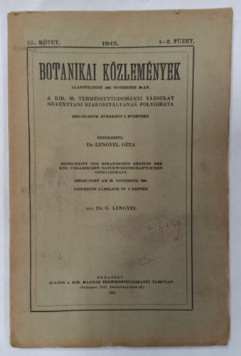 Dr. Lengyel Gza - Botanikai kzlemnyek XL. ktet 1-2. fzet 1943