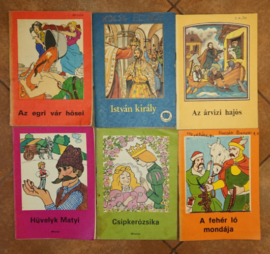6 füzet az Olvass magadnak című gyerekkönyvsorozatból: Hüvelyk Matyi, Az egri vár hősei, István király, Az árvízi hajós, Csipkerózsika, A fehér ló mondája