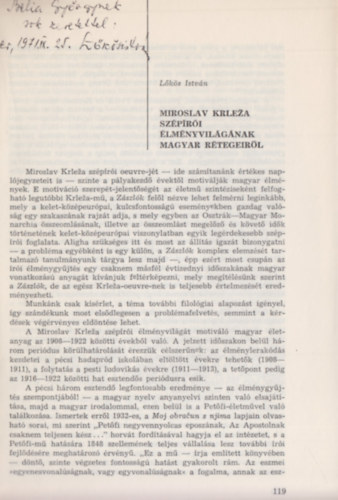 Lőkös István - Miroslav Krleza szépírói élményvilágának magyar rétegeiről (Dedikált)
