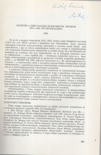 Szilgyi Mikls - Jelents a Bri Balogh dm Megyei Mzeum 1975-1976. vi munkjrl - Dediklt- Klnlenyomat