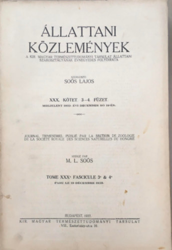 �llattani K�zlem�nyek XXX. k�tet. 3-4. f�zet