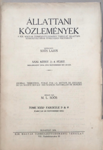 Sos Lajos  (szerk.) - llattani kzlemnyek XXXI. ktet 3-4. fzet